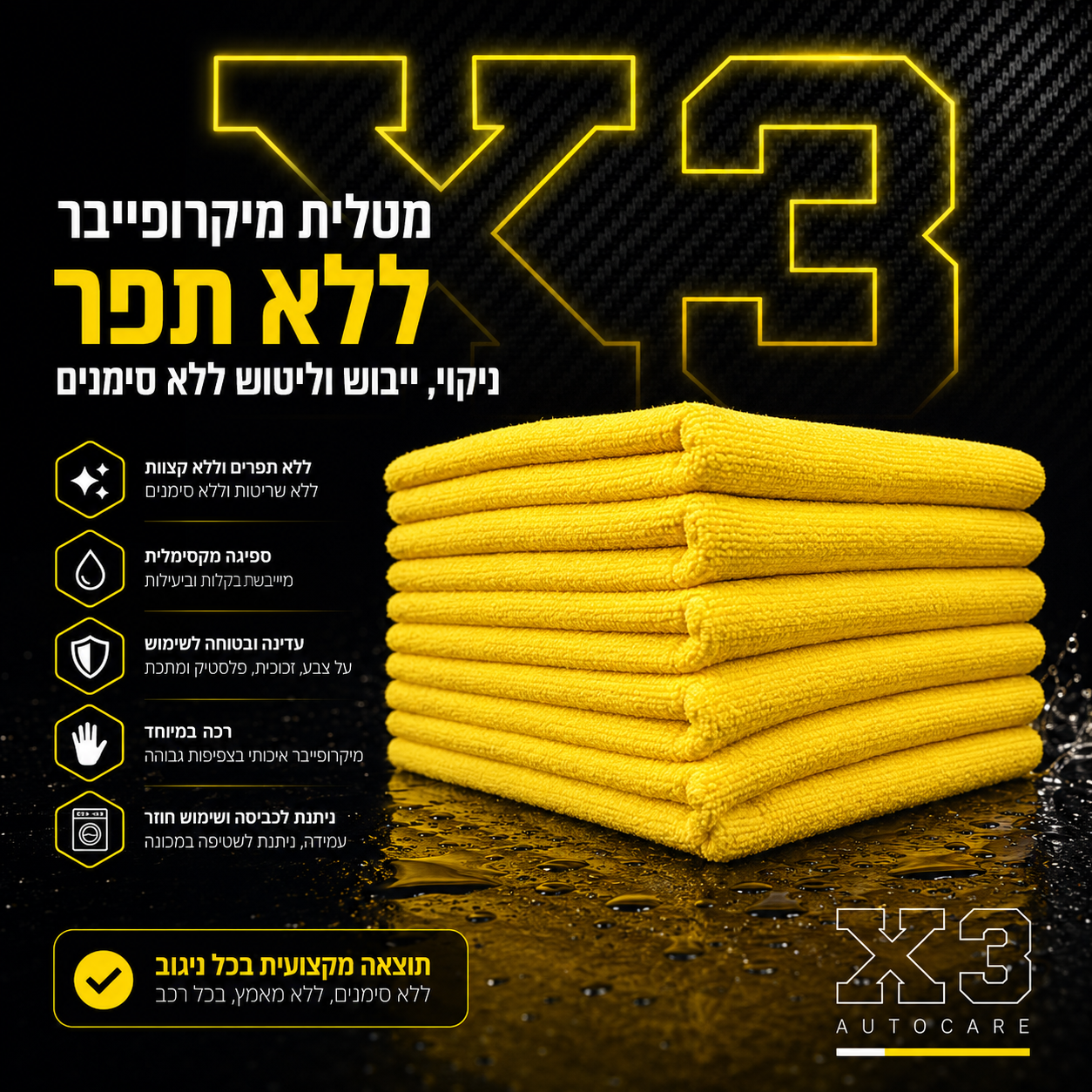 X3 Fiber Towel 40x40 - מטלית מיקרופייבר ללא תפר לניקוי כללי